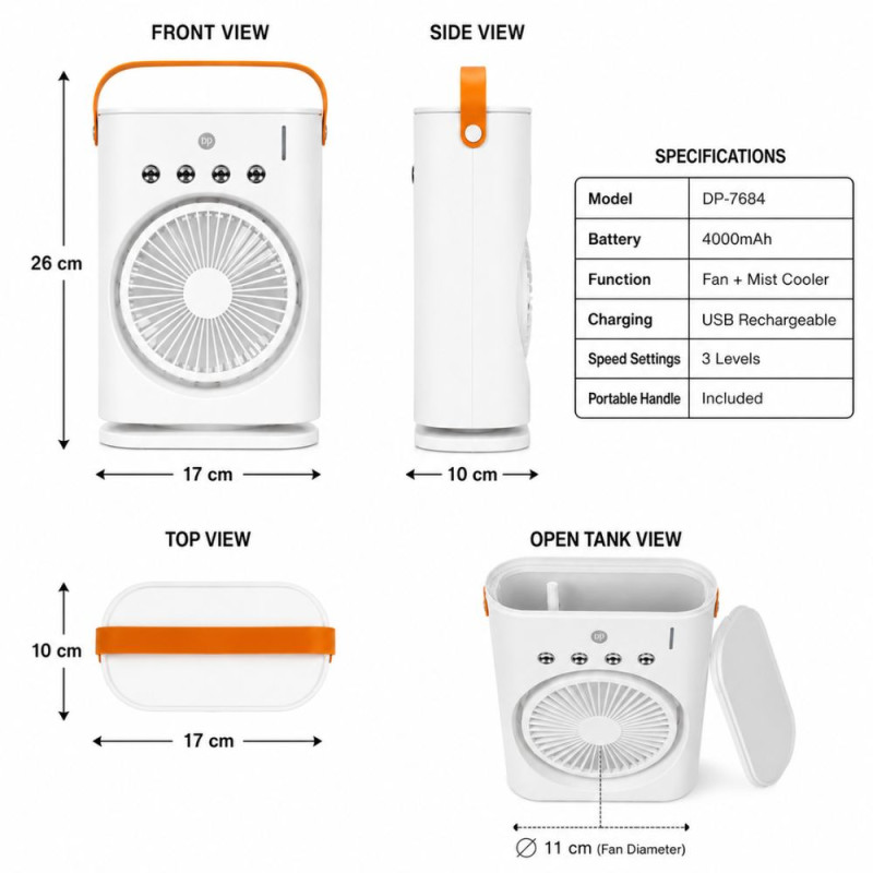 Essential Fan – White Orange Premium Quality (26 x 17 x 10 cm)