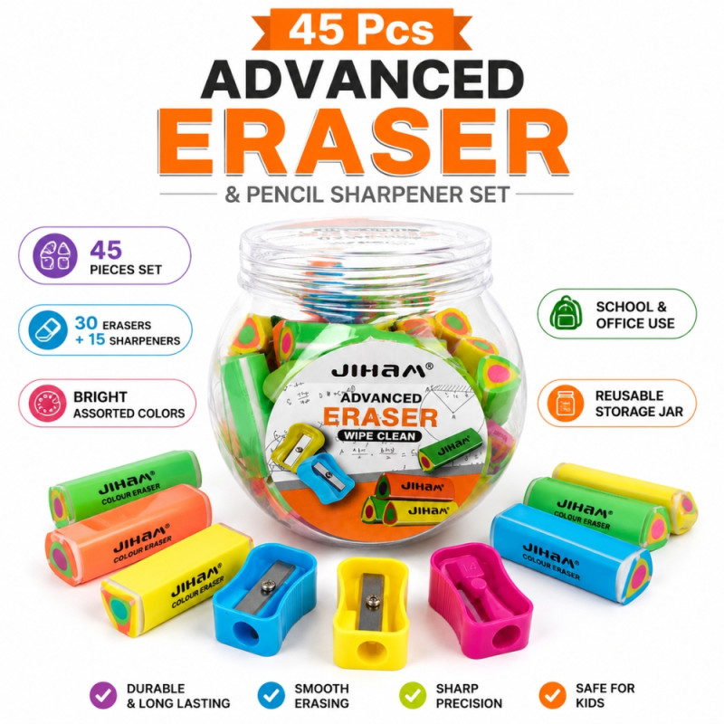 Professional eraser and  sharpener set – MultiColor Premium Quality (45PCS)