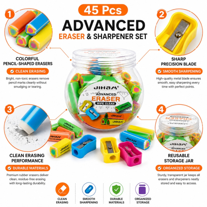 Professional eraser and  sharpener set – MultiColor Premium Quality (45PCS)
