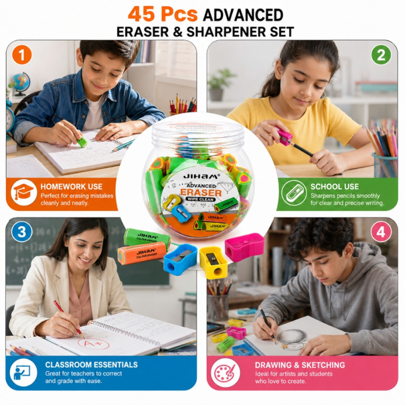 Professional eraser and  sharpener set – MultiColor Premium Quality (45PCS)