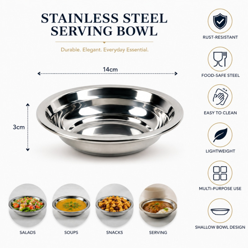 Stainless Steel Deep Soup Plate – 3 x 14cm – Silver