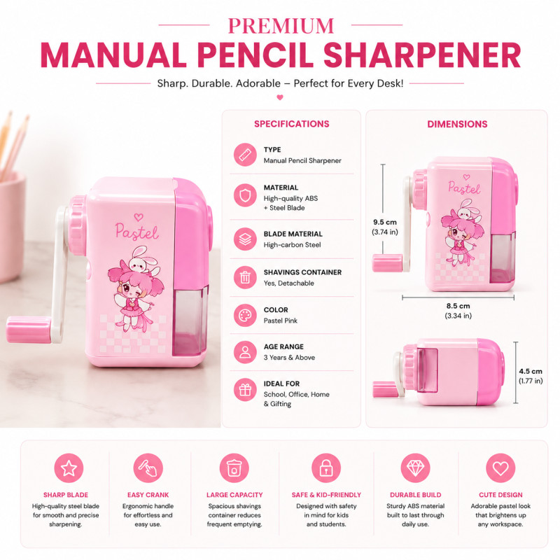 Pure Plus Pencil Sharpener Designed for Creative Expression & Office Use – Pink (H-8 CM)