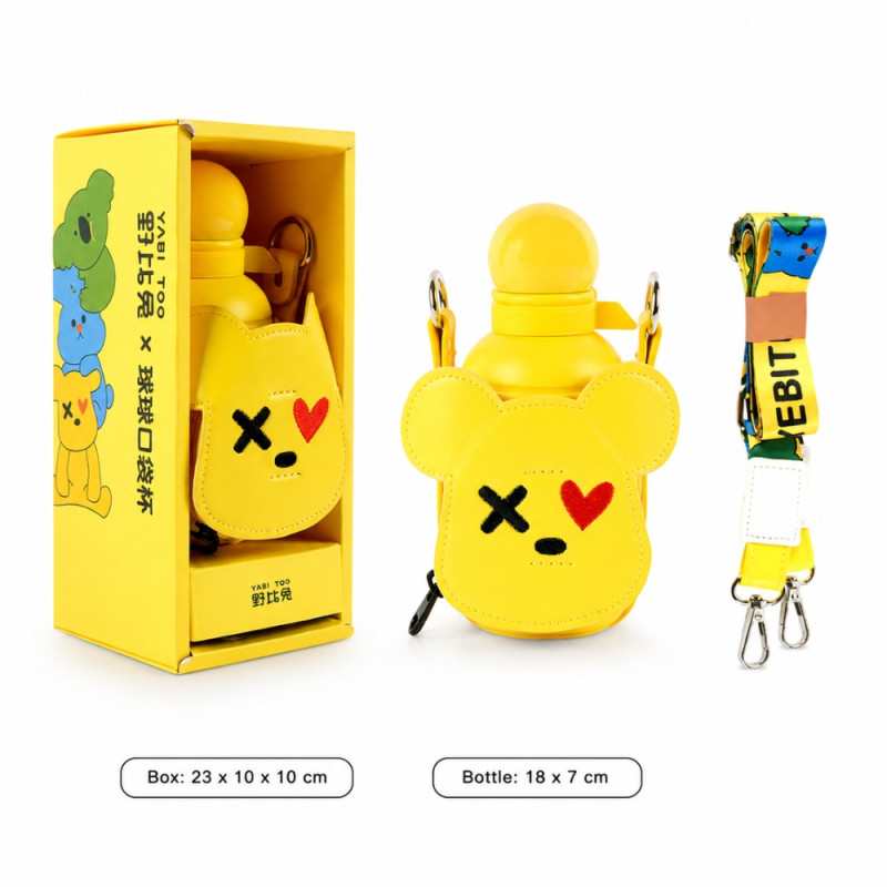 Cute Cartoon Kids Water Bottle with Protective Cover & Strap.