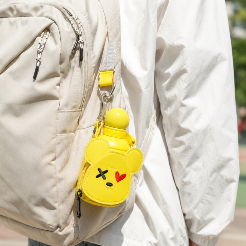 Cute Cartoon Kids Water Bottle with Protective Cover & Strap.