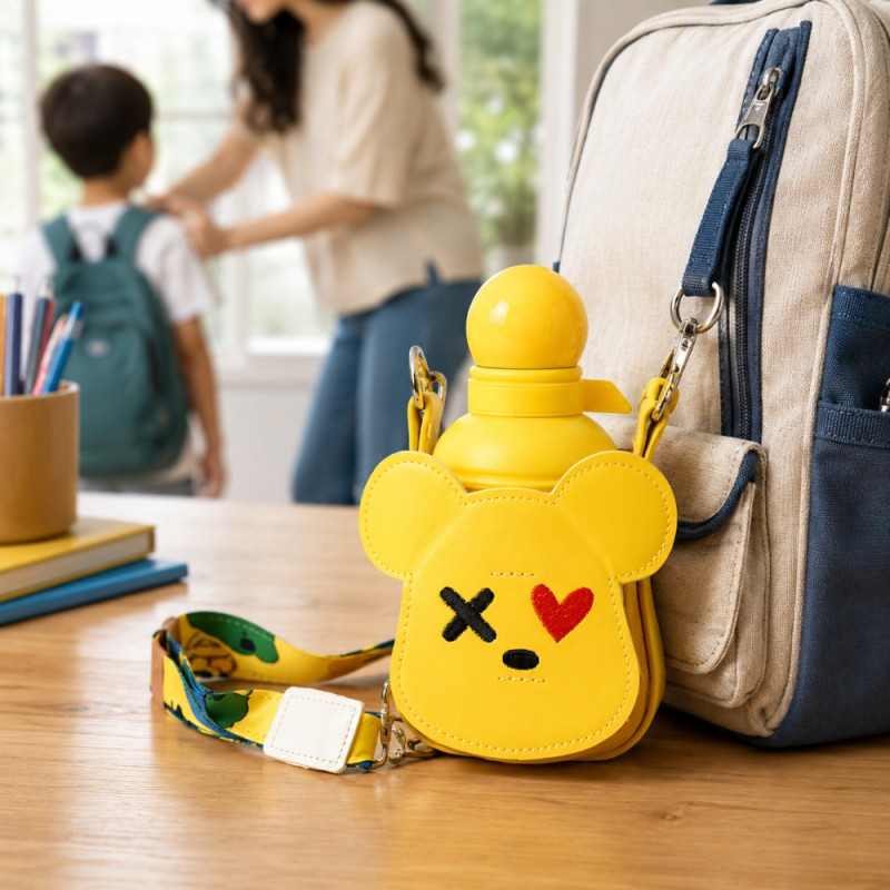 Cute Cartoon Kids Water Bottle with Protective Cover & Strap.