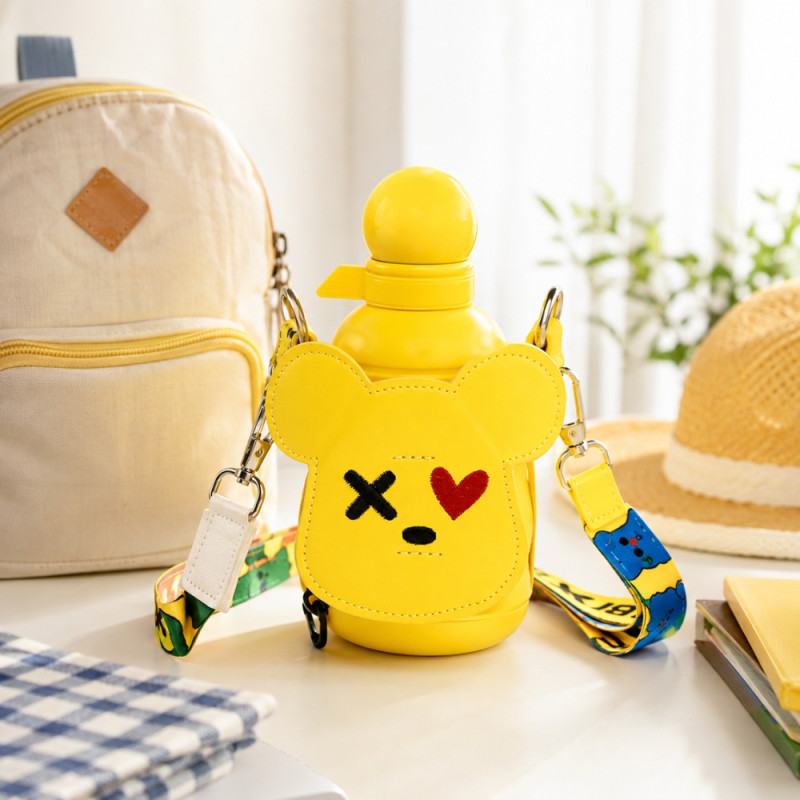 Cute Cartoon Kids Water Bottle with Protective Cover & Strap.