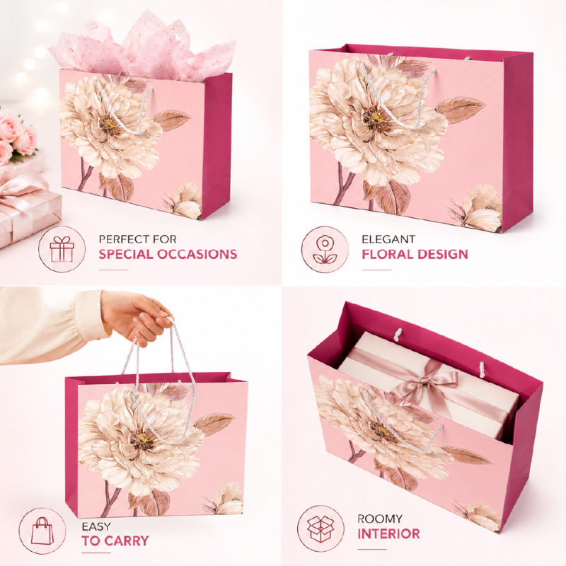 Elegant Floral Paper Gift Bag – Light Pink & Maroon (32cm)