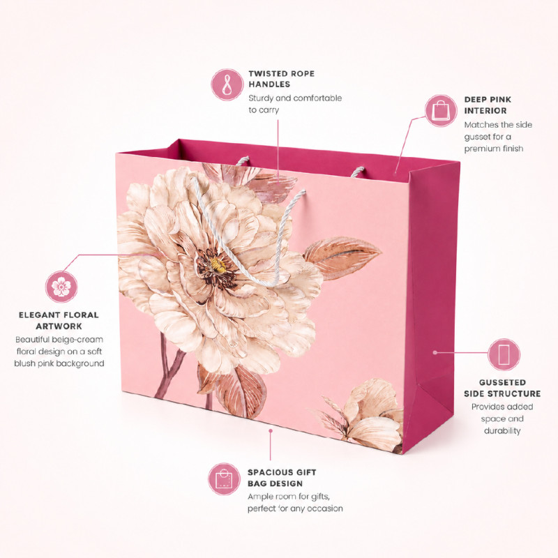 Elegant Floral Paper Gift Bag – Light Pink & Maroon (32cm)