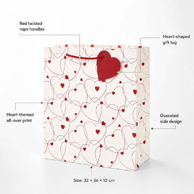 Premium Paper Gift Bag with Heart Print – 32cm