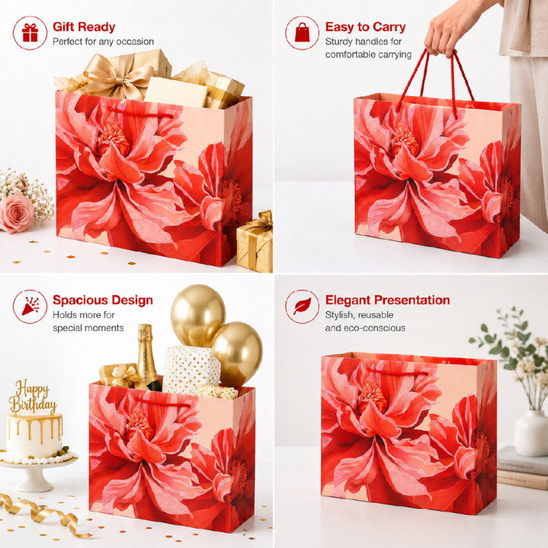 Elegant Multi-Color Floral Paper Gift Bag – Light Pink (32cm)