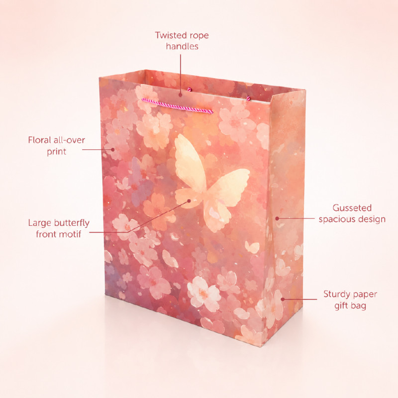 Premium Matte Peach &amp; Butterfly Cherry Blossom Gift Bag – 32cm