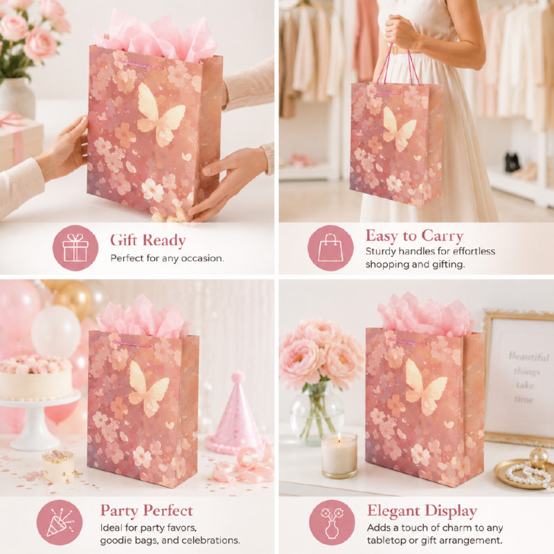 Premium Matte Peach &amp; Butterfly Cherry Blossom Gift Bag – 32cm