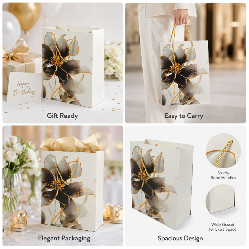 Elegant Pink &amp; Gold Floral Premium Paper Gift Bag – 32cm