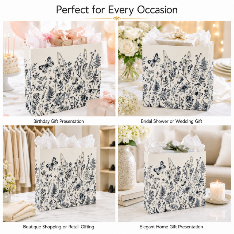 Premium Matte Cream & Botanical Sketch Floral Gift Bag – 32cm