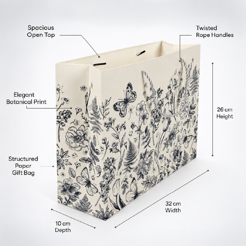 Premium Matte Cream & Botanical Sketch Floral Gift Bag – 32cm