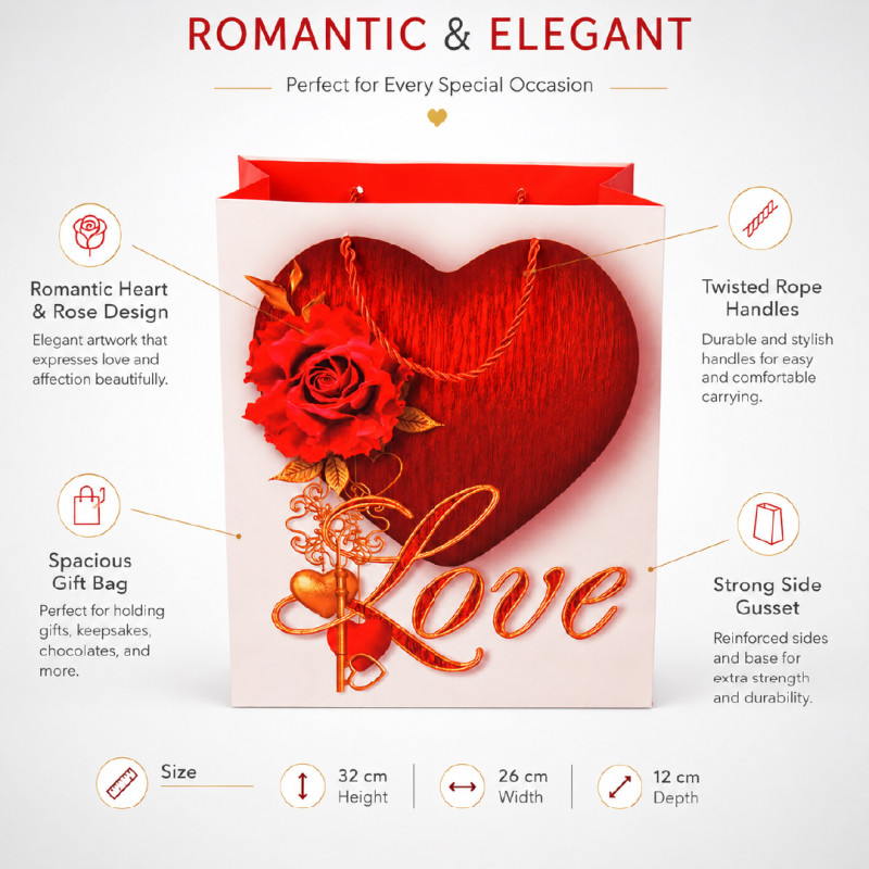 Premium Paper Gift Bag Heart &amp; Rose – 32cm