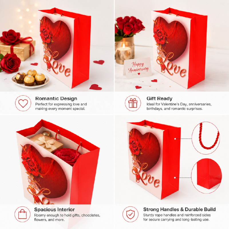 Premium Paper Gift Bag Heart &amp; Rose – 32cm