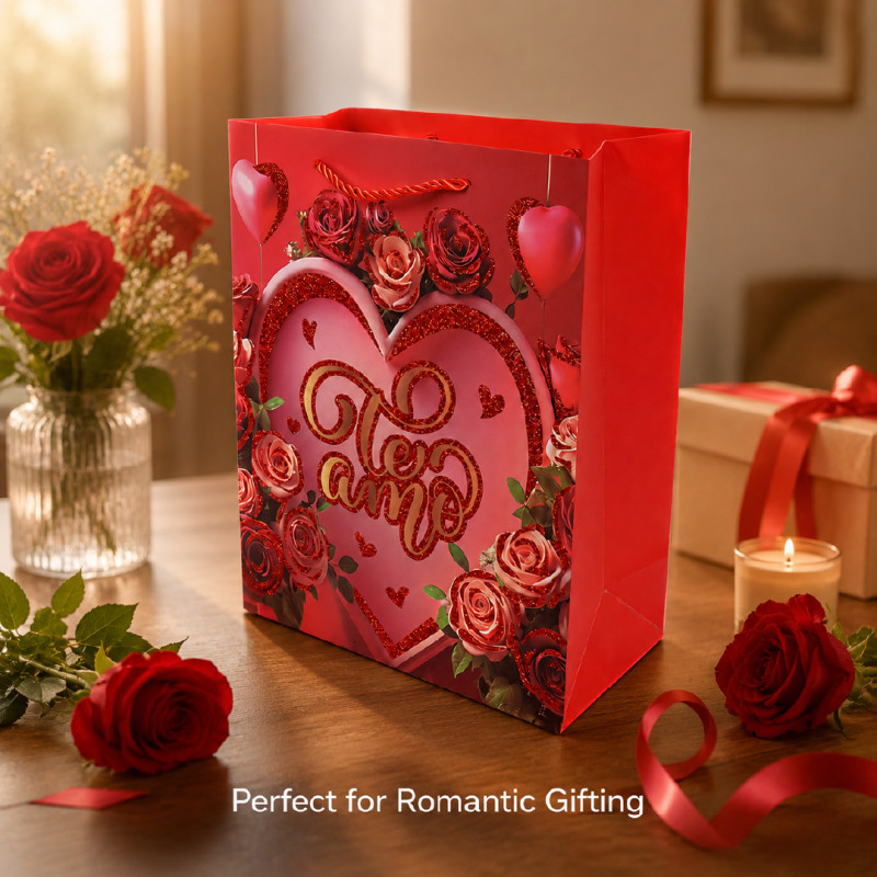 Romantic "Te Amo" Rose & Heart Premium Paper Gift Bag – 32cm