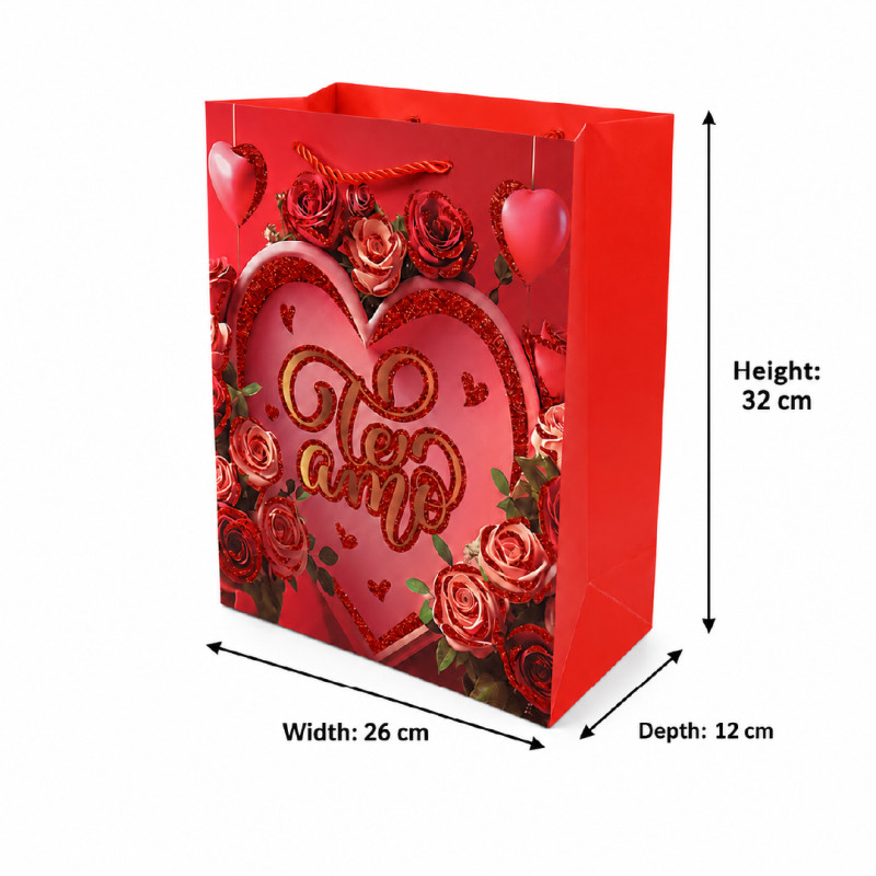 Romantic "Te Amo" Rose & Heart Premium Paper Gift Bag – 32cm