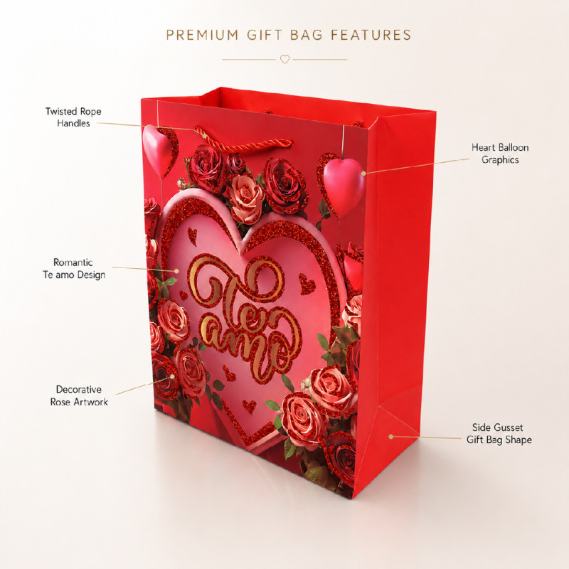 Romantic "Te Amo" Rose & Heart Premium Paper Gift Bag – 32cm