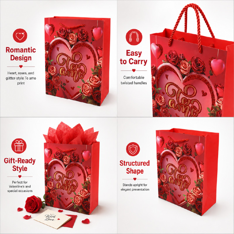 Romantic "Te Amo" Rose & Heart Premium Paper Gift Bag – 32cm