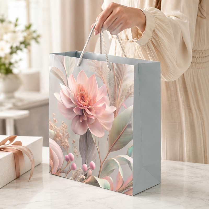 Premium Matte Sage & Pastel Peony Floral Gift Bag – 32cm