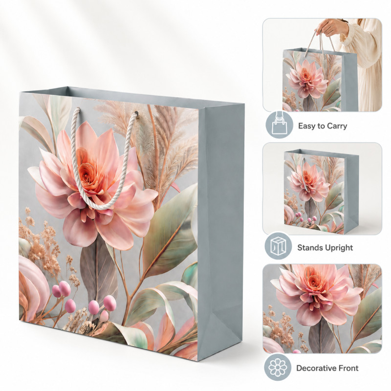 Premium Matte Sage & Pastel Peony Floral Gift Bag – 32cm