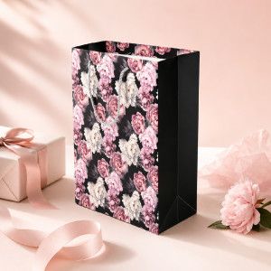 Elegant Floral Paper Gift Bag – Black, White & Pink (32cm)