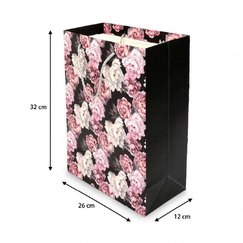 Elegant Floral Paper Gift Bag – Black, White &amp; Pink (32cm)