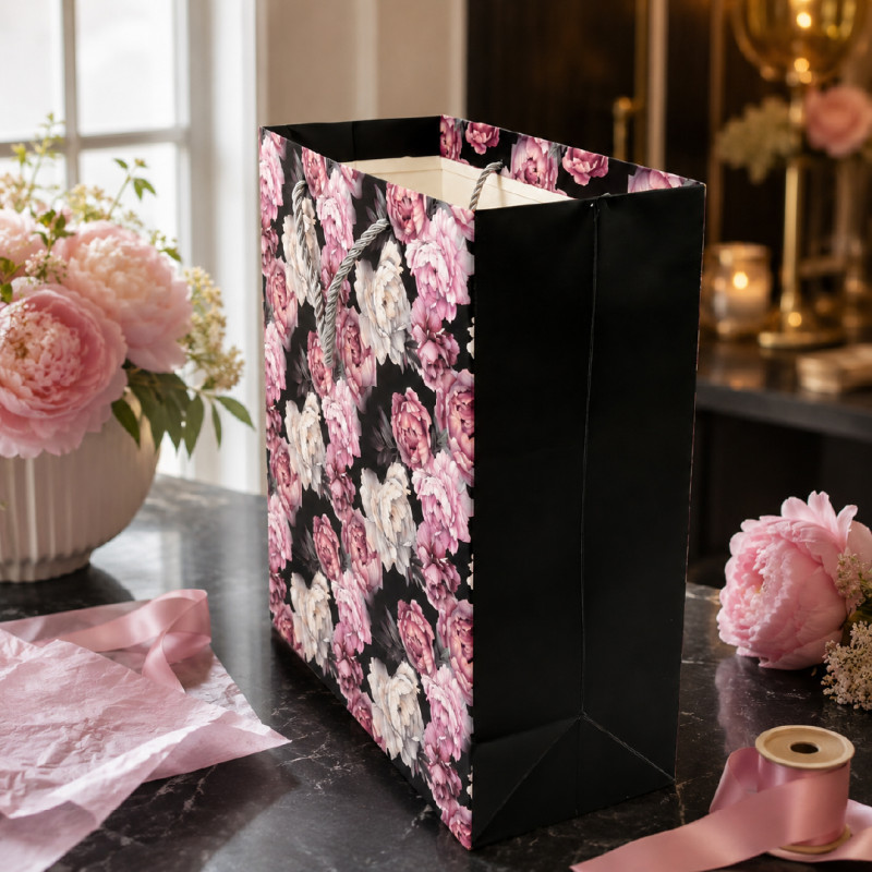 Elegant Floral Paper Gift Bag – Black, White &amp; Pink (32cm)