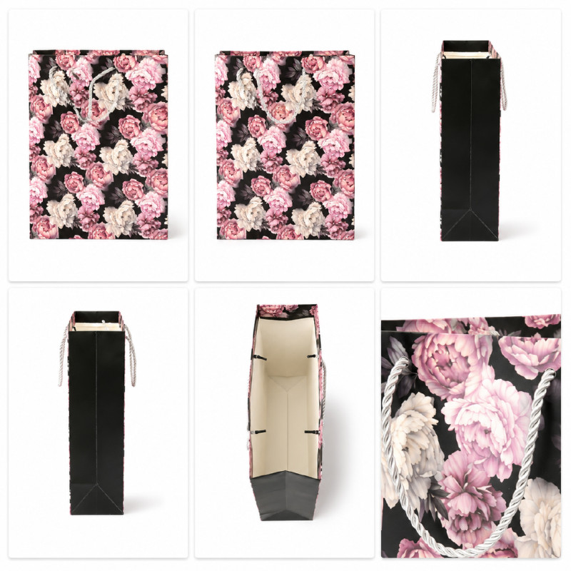 Elegant Floral Paper Gift Bag – Black, White &amp; Pink (32cm)