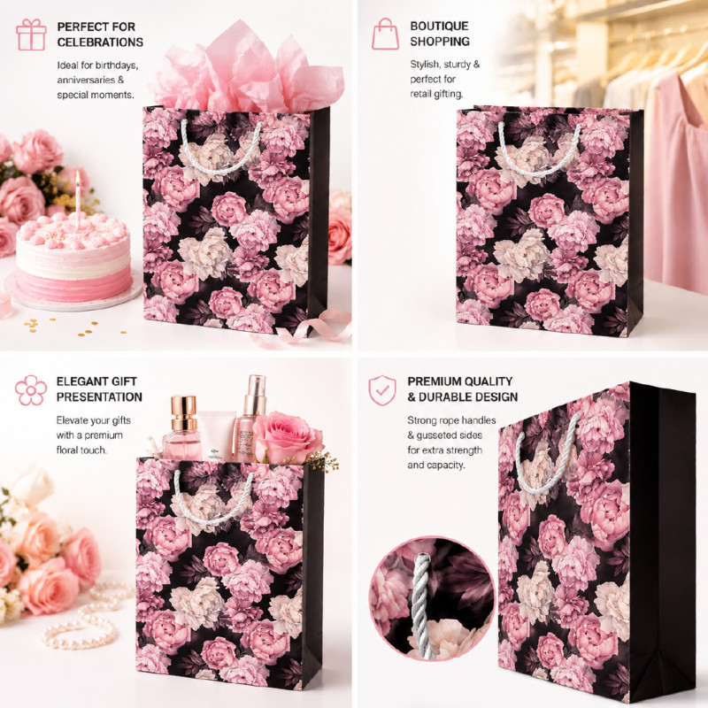 Elegant Floral Paper Gift Bag – Black, White &amp; Pink (32cm)