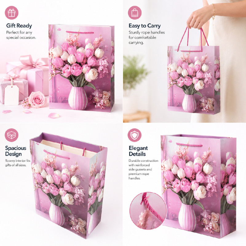 Matte Pink Gold Floral Wreath Premium Paper Gift Bag – 32cm