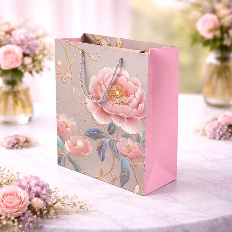 Premium Paper Gift Bag Pink &amp; Silver Snowflake – 32cm