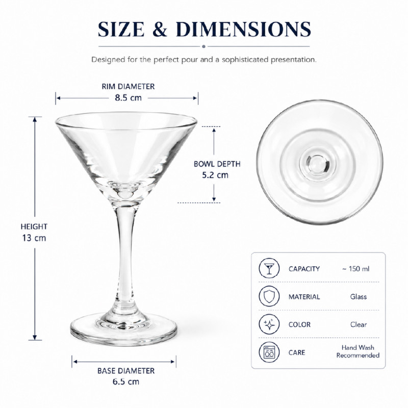 Premium Crystal Clear Martini Glass | 150ml Capacity | Transparent Design