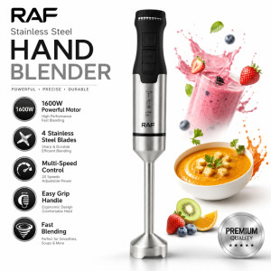 Accessible stainless steel immersion hand blender featuring a four-blade system, turbo speed settings, and a detachable shaft for cleaning – Silver (39.5 x 6.5cm)