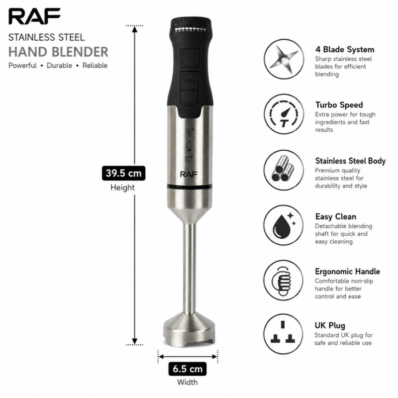 Accessible stainless steel immersion hand blender featuring a four-blade system, turbo speed settings, and a detachable shaft for cleaning – Silver (39.5 x 6.5cm)
