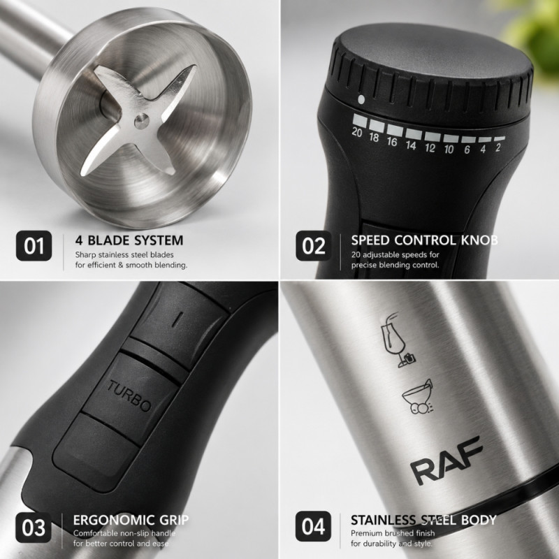 Accessible stainless steel immersion hand blender featuring a four-blade system, turbo speed settings, and a detachable shaft for cleaning – Silver (39.5 x 6.5cm)