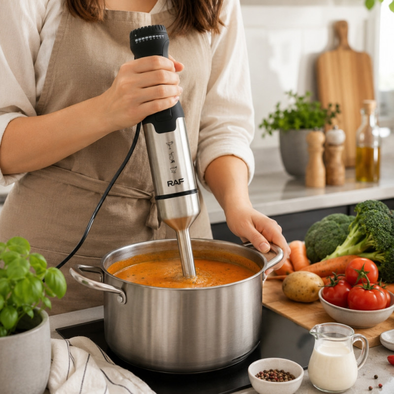 Accessible stainless steel immersion hand blender featuring a four-blade system, turbo speed settings, and a detachable shaft for cleaning – Silver (39.5 x 6.5cm)