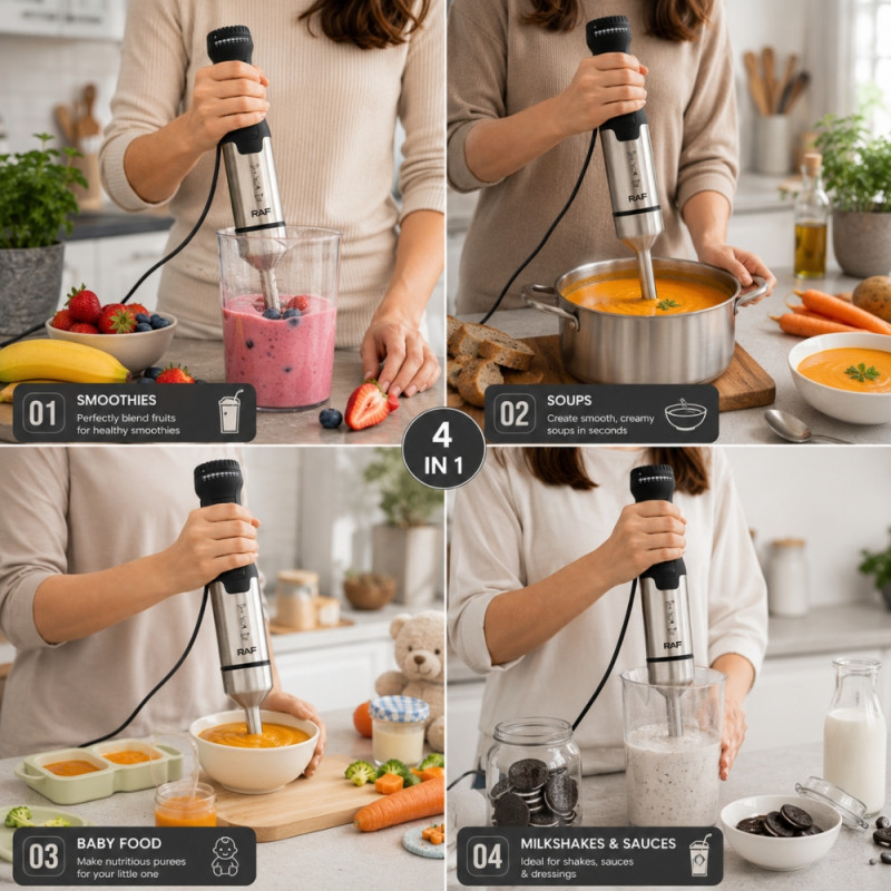 Accessible stainless steel immersion hand blender featuring a four-blade system, turbo speed settings, and a detachable shaft for cleaning – Silver (39.5 x 6.5cm)
