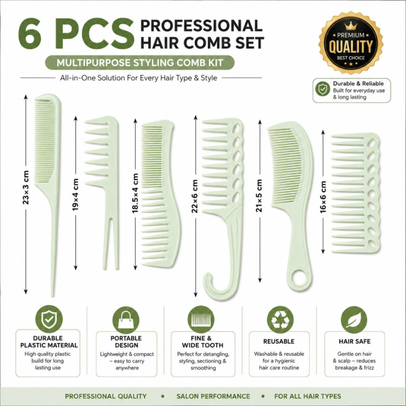 Rebellious professional multipurpose hair comb set – Pale Green (6PCS)
