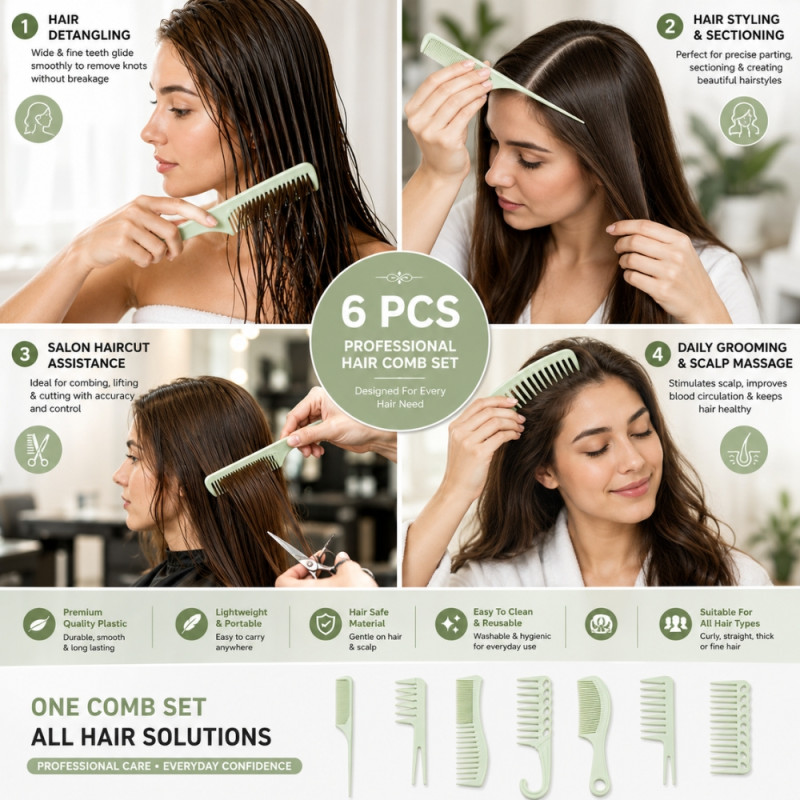 Rebellious professional multipurpose hair comb set – Pale Green (6PCS)