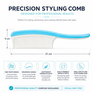 blue and white precision styling comb.Design: Features a 21 cm length with a curved handle for ergonomic grip and sectioning.; 21 x 5cm; Sky Blue & White