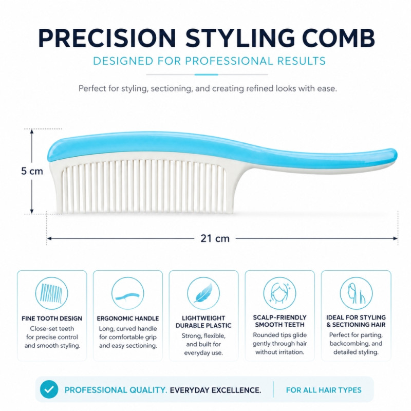blue and white precision styling comb.Design: Features a 21 cm length with a curved handle for ergonomic grip and sectioning.; 21 x 5cm; Sky Blue & White