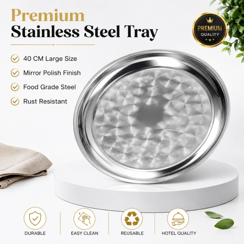 Stainless Steel Round Serving Tray – Mirror Polish Silver (40 x 3.5cm)