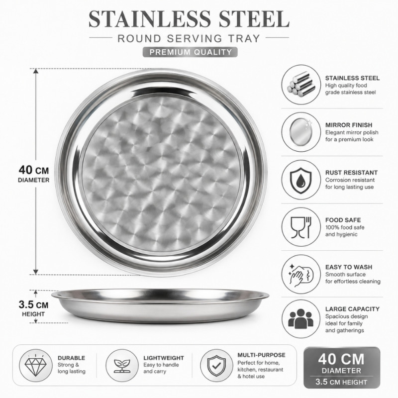 Stainless Steel Round Serving Tray – Mirror Polish Silver (40 x 3.5cm)