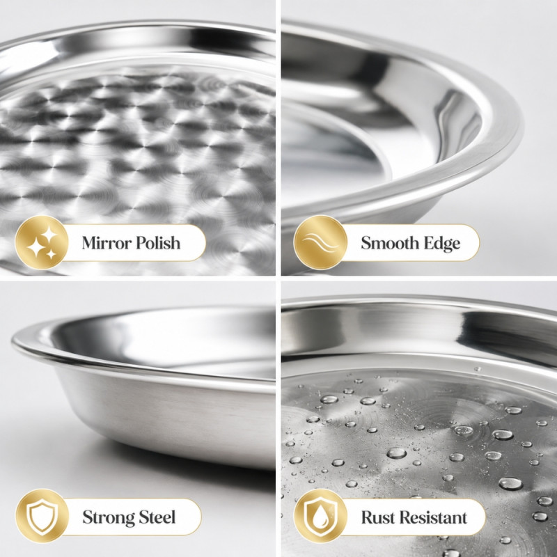 Stainless Steel Round Serving Tray – Mirror Polish Silver (40 x 3.5cm)