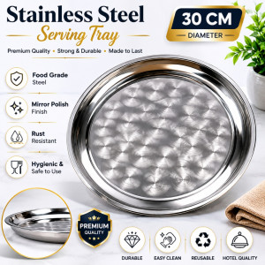 Stainless Steel Round Serving Tray – Mirror Polish Silver (30 x 2.5cm)
