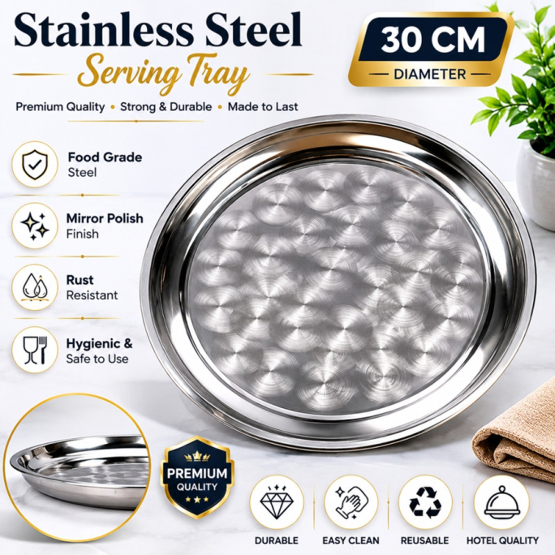 Stainless Steel Round Serving Tray – Mirror Polish Silver (30 x 2.5cm)