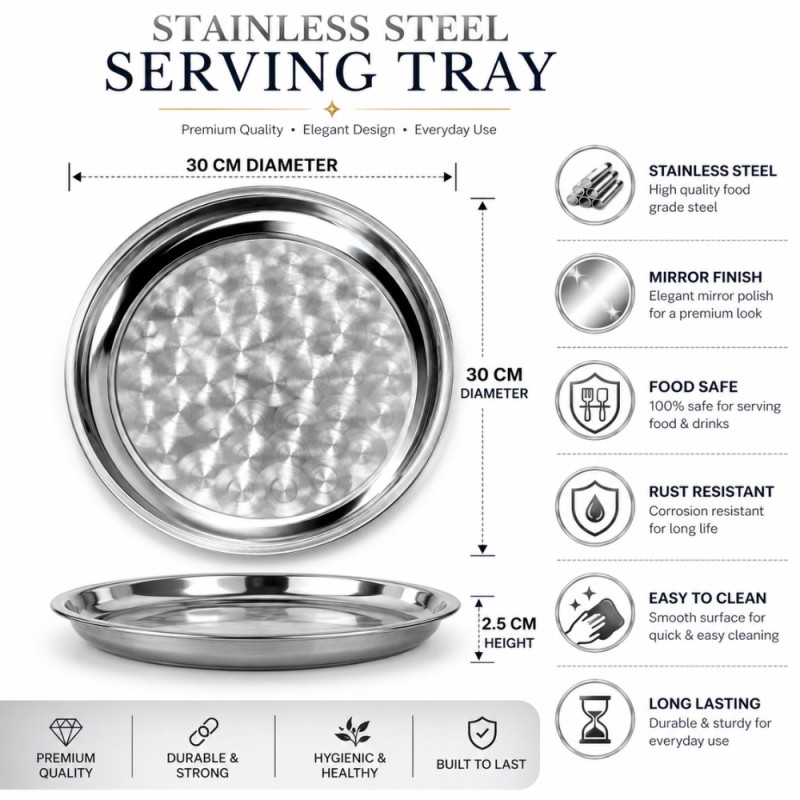 Stainless Steel Round Serving Tray – Mirror Polish Silver (30 x 2.5cm)